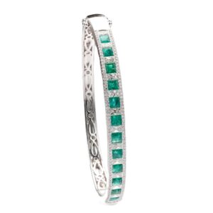 14K White Gold Bangle with 3.12ctw Square Step Green Emeralds & 3.10ctw Princess/Round Diamonds Size 6.5