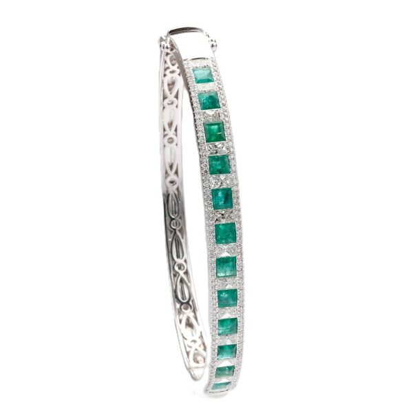 14K White Gold Bangle with 3.12ctw Square Step Green Emeralds & 3.10ctw Princess/Round Diamonds Size 6.5 Bracelets 6