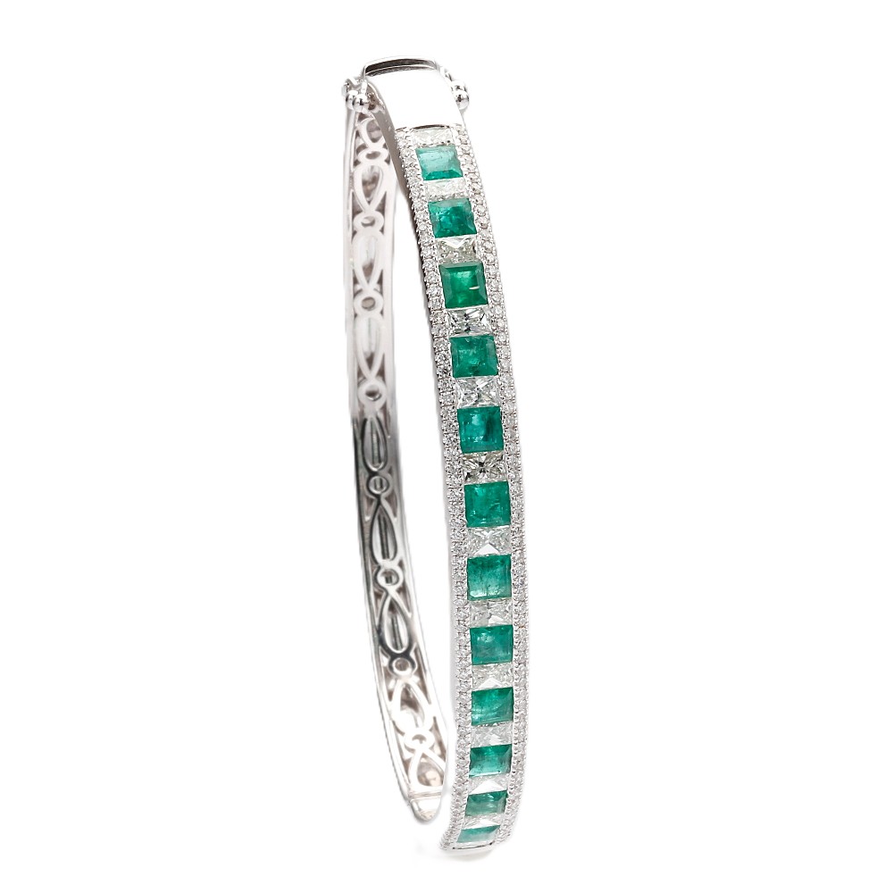 14K White Gold Bangle with 3.12ctw Square Step Green Emeralds & 3.10ctw Princess/Round Diamonds Size 6.5 Bracelets 2