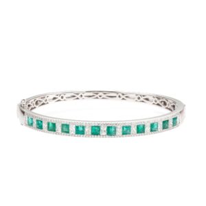 14K White Gold Bangle with 3.12ctw Square Step Green Emeralds & 3.10ctw Princess/Round Diamonds Size 6.5