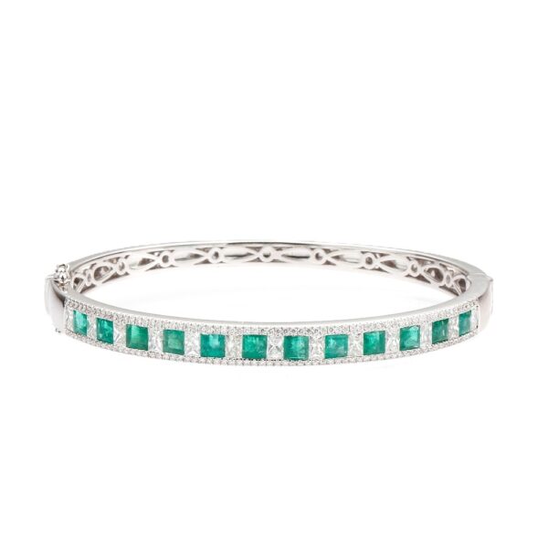 14K White Gold Bangle with 3.12ctw Square Step Green Emeralds & 3.10ctw Princess/Round Diamonds Size 6.5 Bracelets 5
