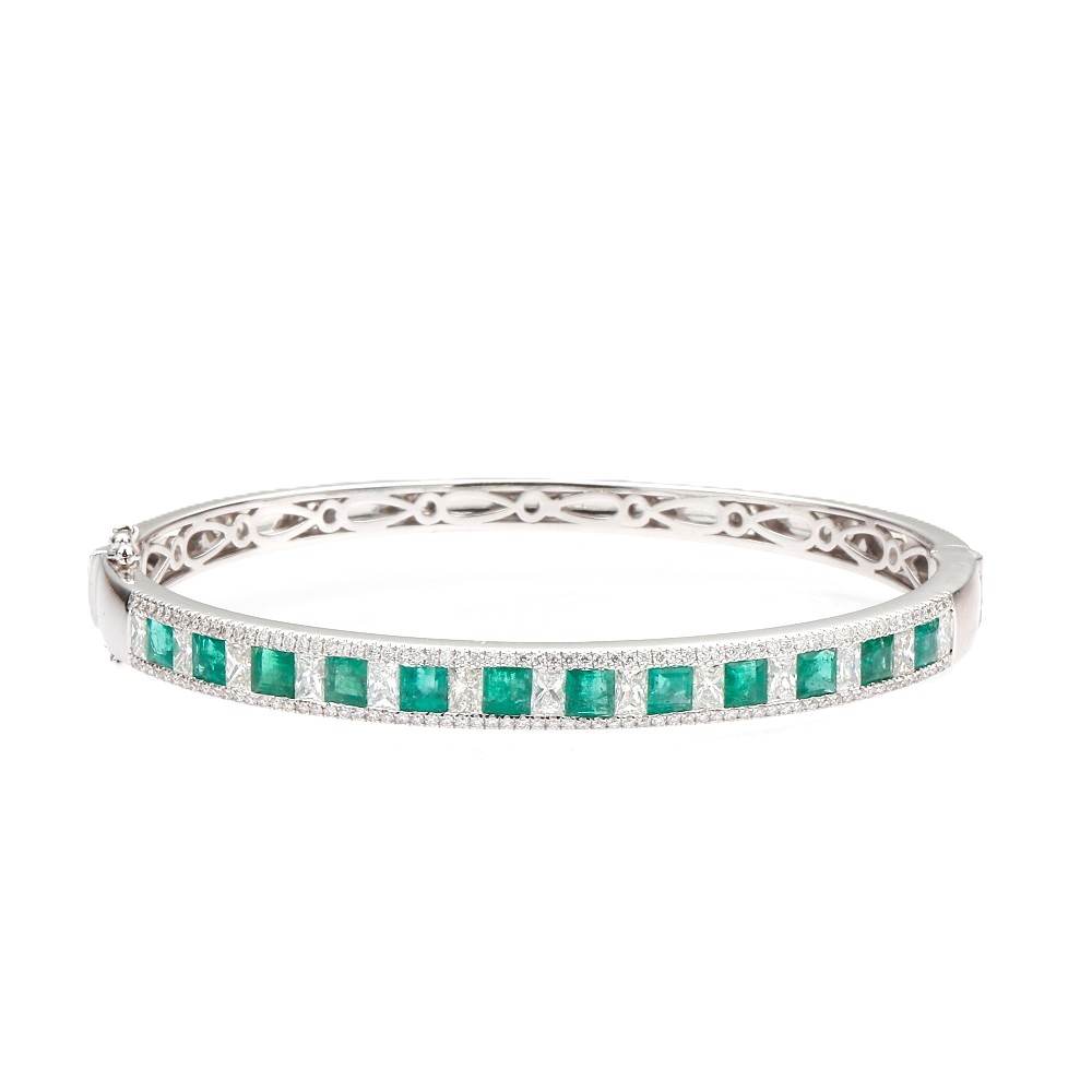 14K White Gold Bangle with 3.12ctw Square Step Green Emeralds & 3.10ctw Princess/Round Diamonds Size 6.5 Bracelets