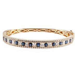 14K Yellow Gold Bangle with 3.00ctw Blue Sapphires & 4.00ctw Princess/Round Diamonds Size 6.5