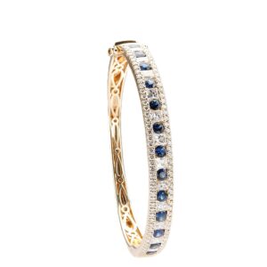14K Yellow Gold Bangle with 3.00ctw Blue Sapphires & 4.00ctw Princess/Round Diamonds Size 6.5