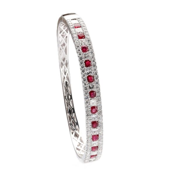 14K White Gold Bangle with 2.00ctw Rubies & 3.00ctw Princess/Round Diamonds Size 6.5 Bracelets 6