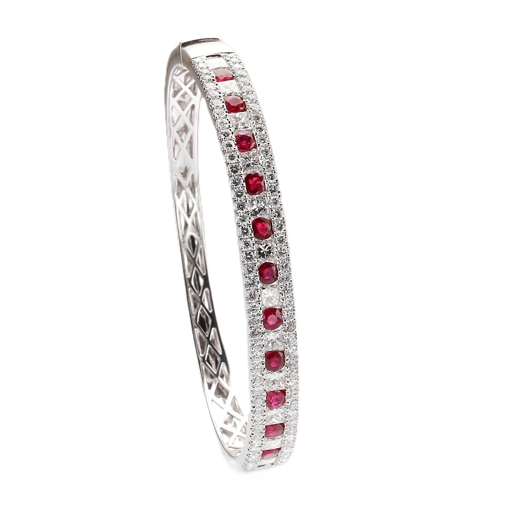 14K White Gold Bangle with 2.00ctw Rubies & 3.00ctw Princess/Round Diamonds Size 6.5 Bracelets 2