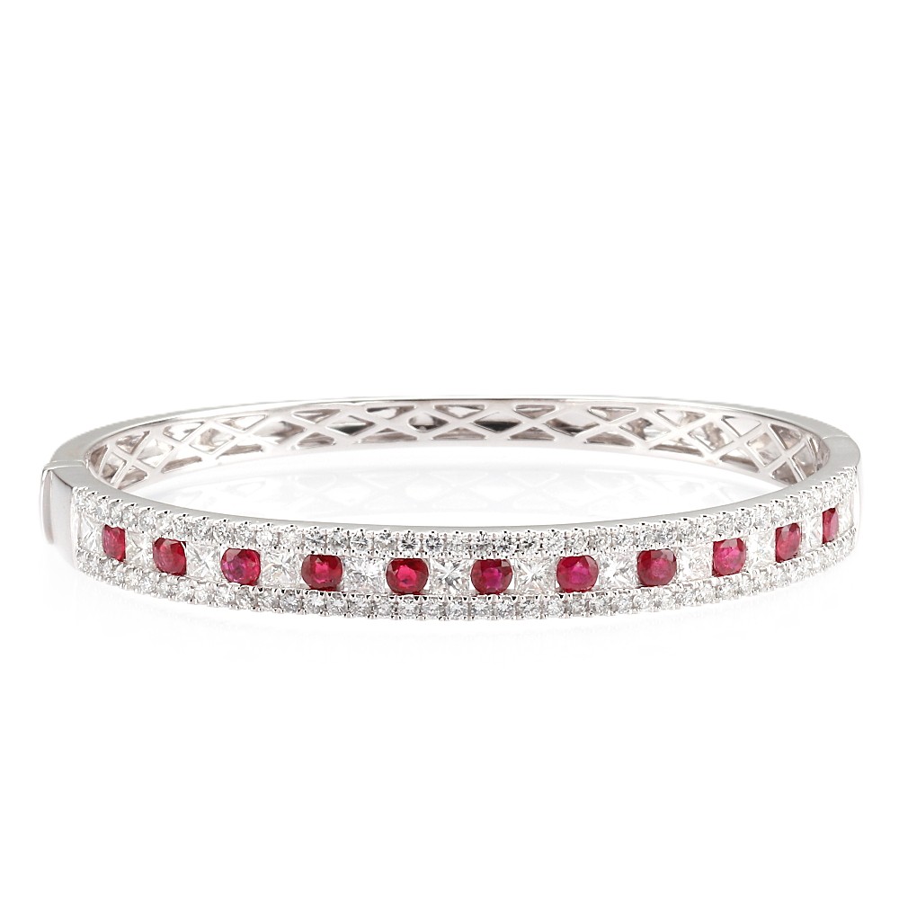 14K White Gold Bangle with 2.00ctw Rubies & 3.00ctw Princess/Round Diamonds Size 6.5 Bracelets