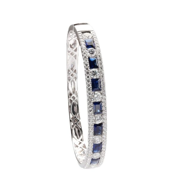 14K White Gold Bangle with 4.00ctw Emerald Cut Blue Sapphires & 4.00ctw Diamonds Size 6.5 Bracelets 6