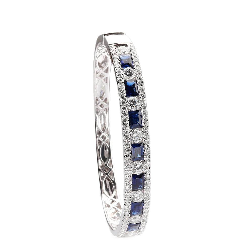 14K White Gold Bangle with 4.00ctw Emerald Cut Blue Sapphires & 4.00ctw Diamonds Size 6.5 Bracelets 2