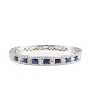 14K White Gold Bangle with 4.00ctw Emerald Cut Blue Sapphires & 4.00ctw Diamonds Size 6.5