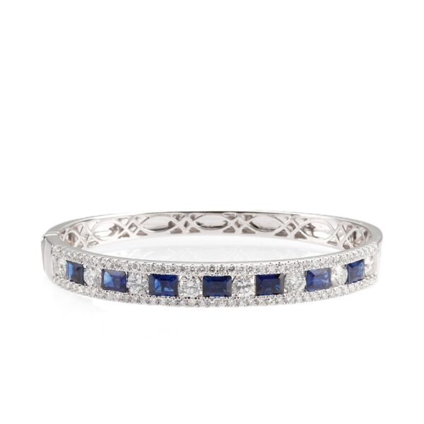 14K White Gold Bangle with 4.00ctw Emerald Cut Blue Sapphires & 4.00ctw Diamonds Size 6.5 Bracelets 5