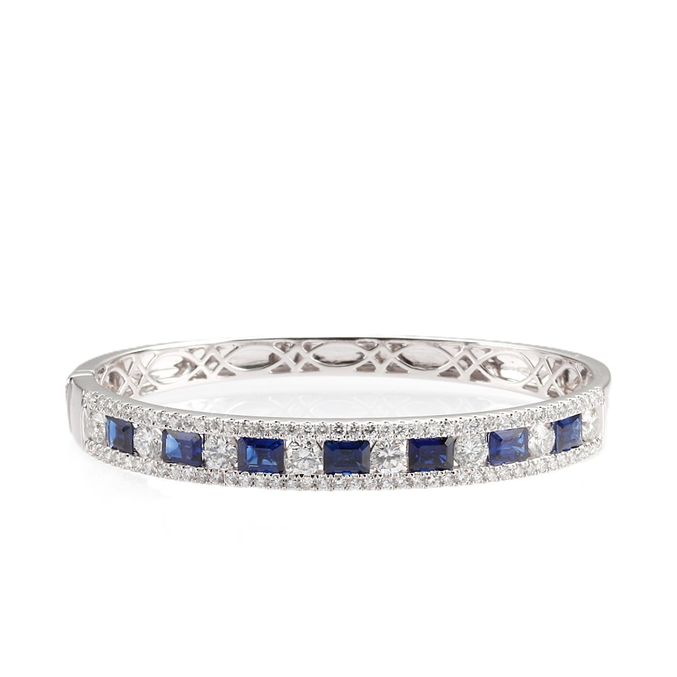 14K White Gold Bangle with 4.00ctw Emerald Cut Blue Sapphires & 4.00ctw Diamonds Size 6.5 Bracelets