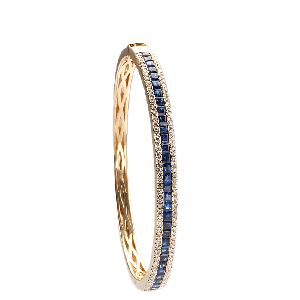 14K Yellow Gold Bangle with 4.00ctw Square Step Blue Sapphires & 1.03ctw Diamonds Size 6.5 Bracelets 2