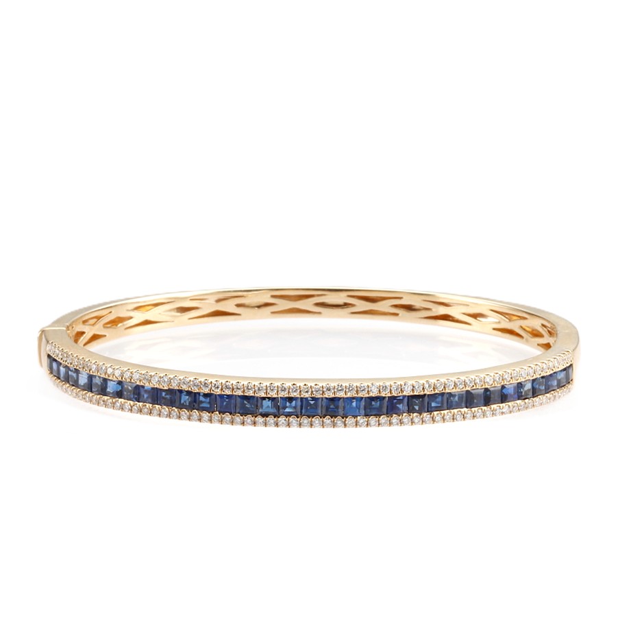 14K Yellow Gold Bangle with 4.00ctw Square Step Blue Sapphires & 1.03ctw Diamonds Size 6.5 Bracelets