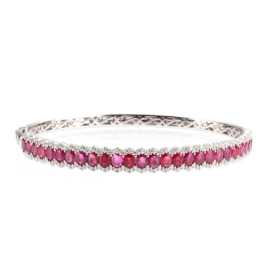 14K White Gold Bangle with 5.76ctw Oval Rubies & 1.00ctw Diamonds Size 7 Bracelets