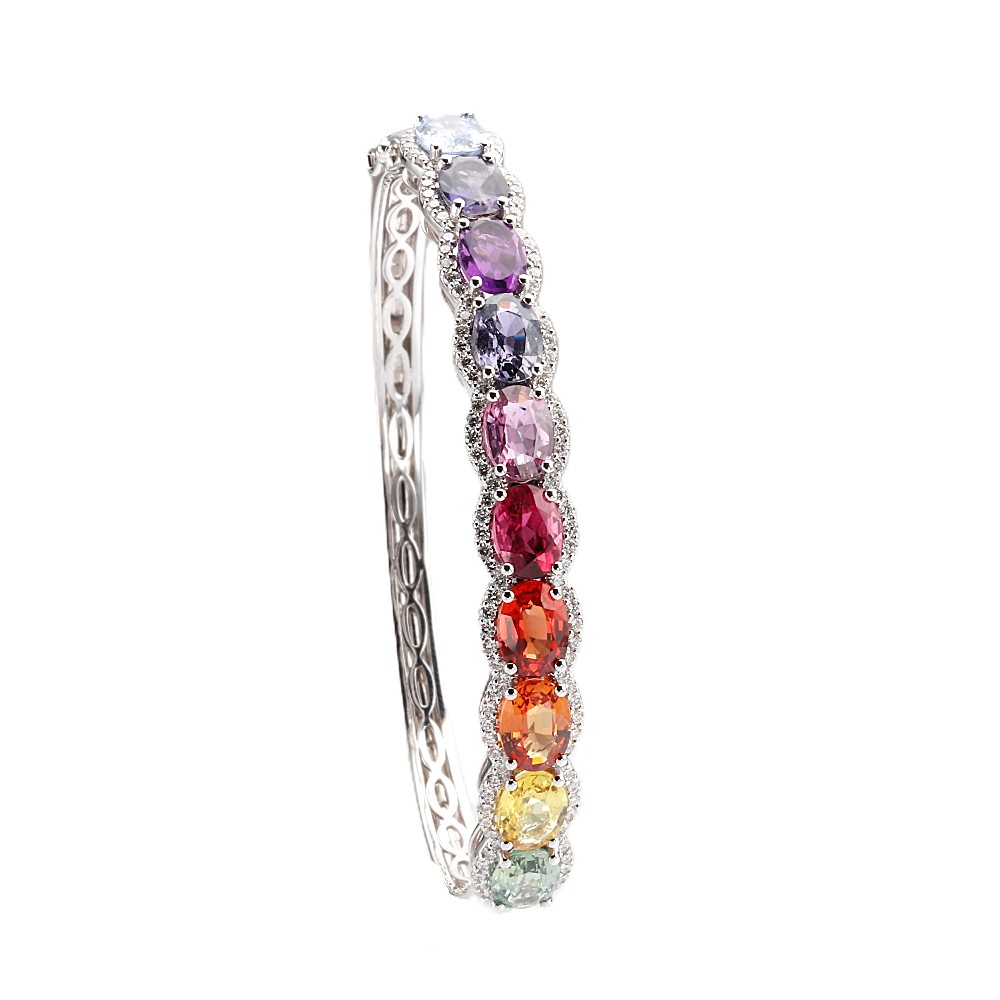 18K White Gold Rainbow Bangle with 9.80ctw Multi-Color Oval Sapphires & 1.00ctw Diamonds Size 6.25 Bracelets 2