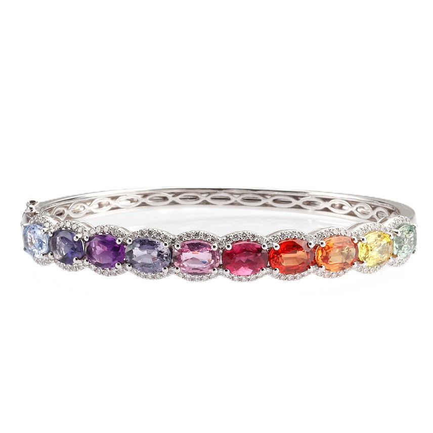 18K White Gold Rainbow Bangle with 9.80ctw Multi-Color Oval Sapphires & 1.00ctw Diamonds Size 6.25 Bracelets