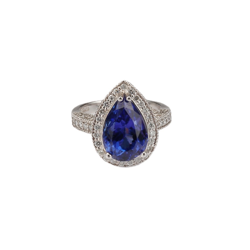 14K White Gold Halo Cocktail Ring with 7.18ct Pear Blue Tanzanite & 1.30ctw Diamonds Size 6.75 Fine Jewelry