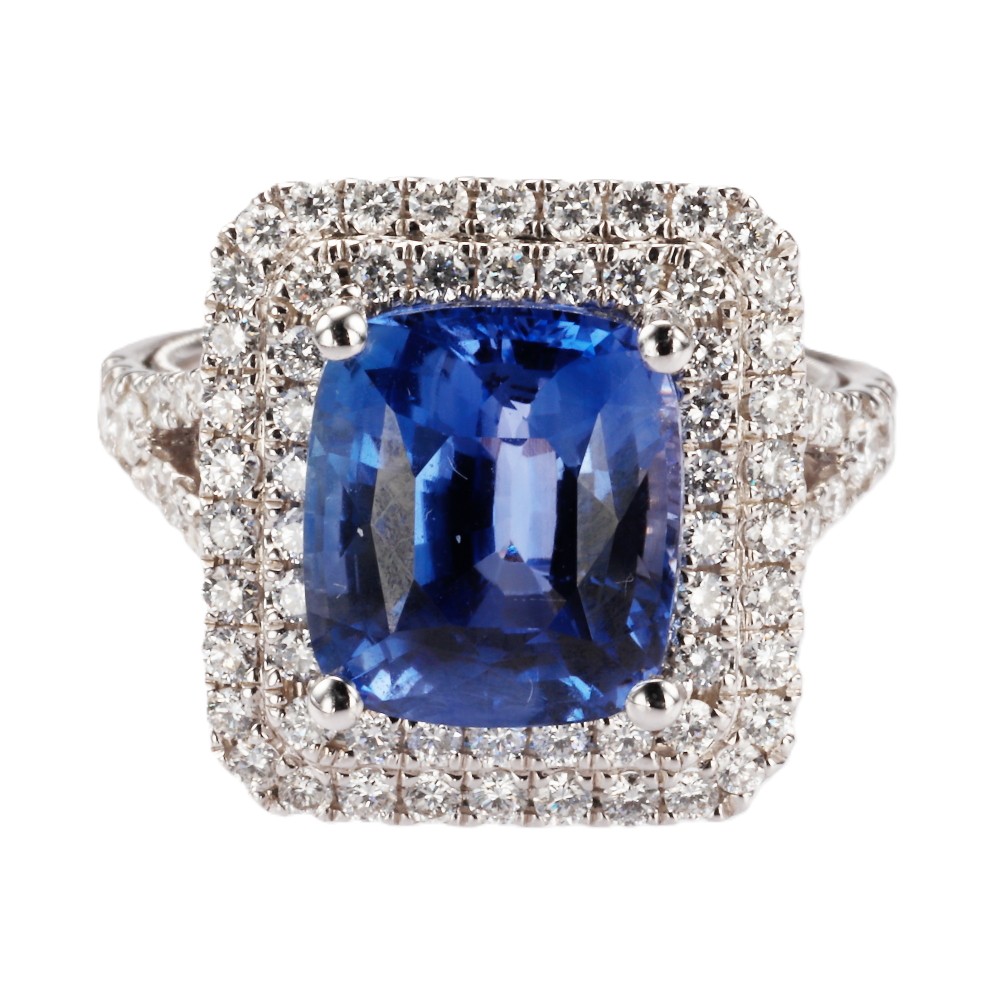 18K White Gold Cocktail Ring with 7.10ct Cushion Cut Blue Sapphire & 1.09ctw Diamonds Size 6.5 Fine Jewelry