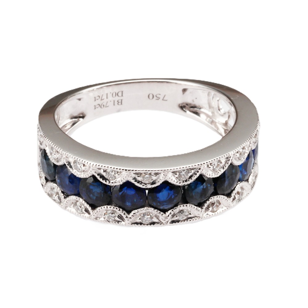 18K White Gold Ring with 1.78ctw Blue Sapphires & .17ctw Diamonds Size 6.5 Fine Jewelry