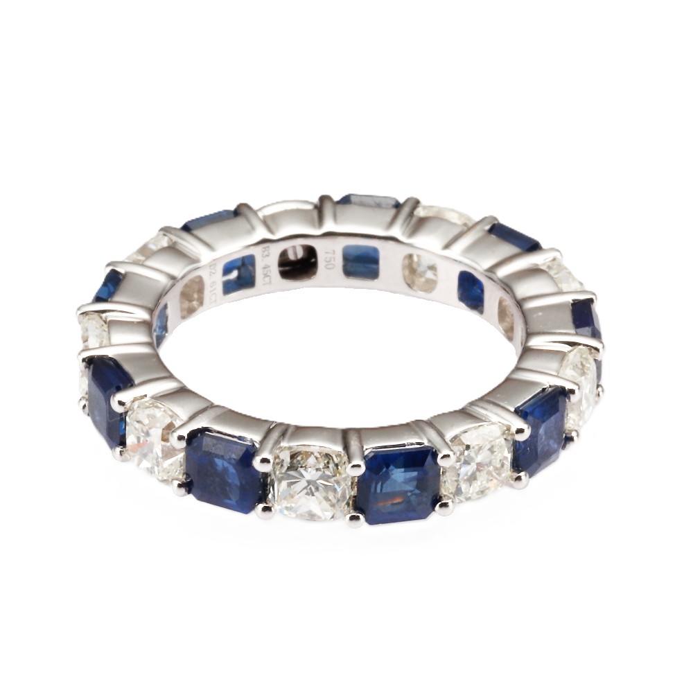 18K White Gold Eternity Ring with 3.45ctw Emerald Cut Blue Sapphires & 2.61ctw Round Diamonds Size 6.5 Fine Jewelry