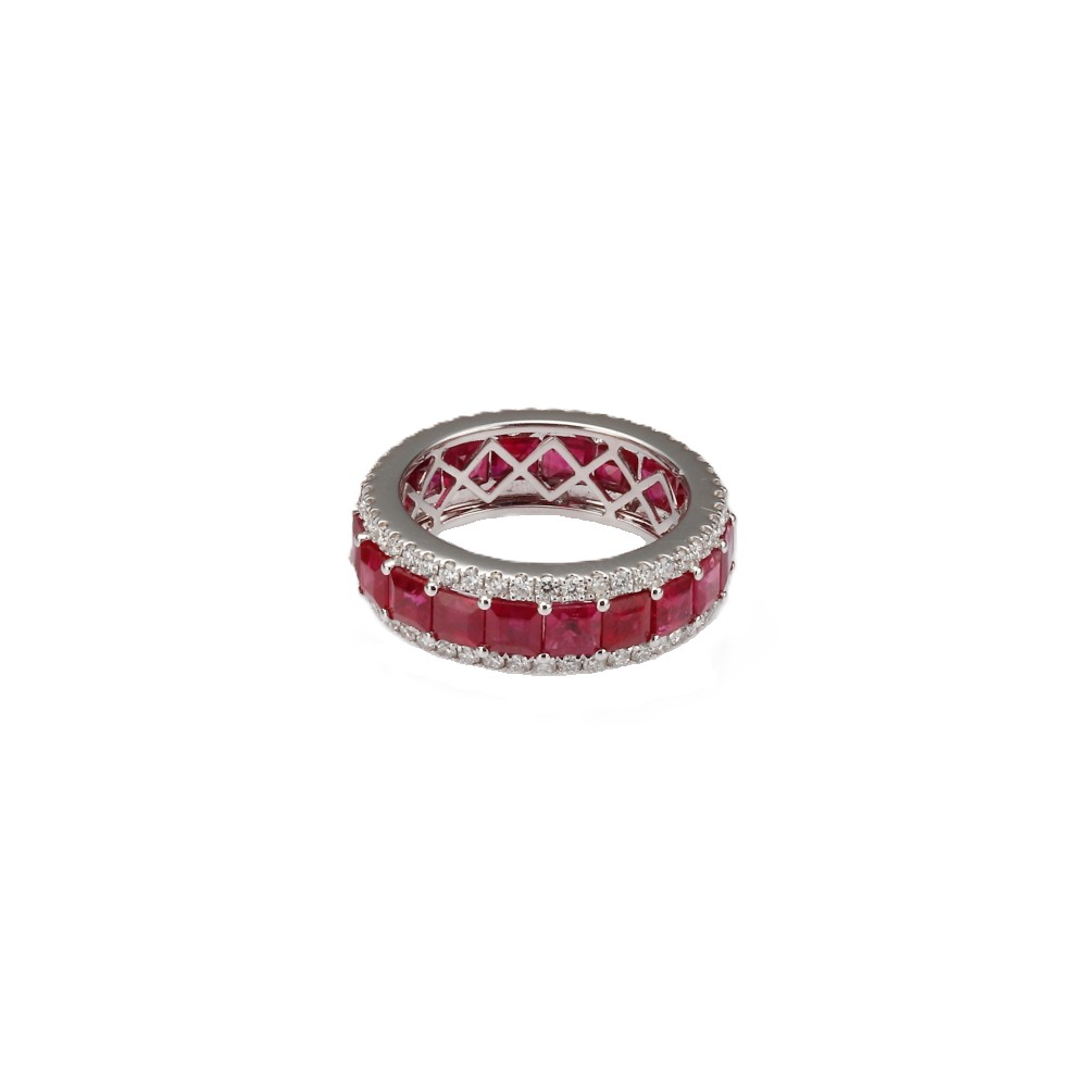 14K White Gold Eternity Ring with 7.00ctw Radiant Cut Rubies & 1.10ctw Round Diamonds Size 7 Fine Jewelry