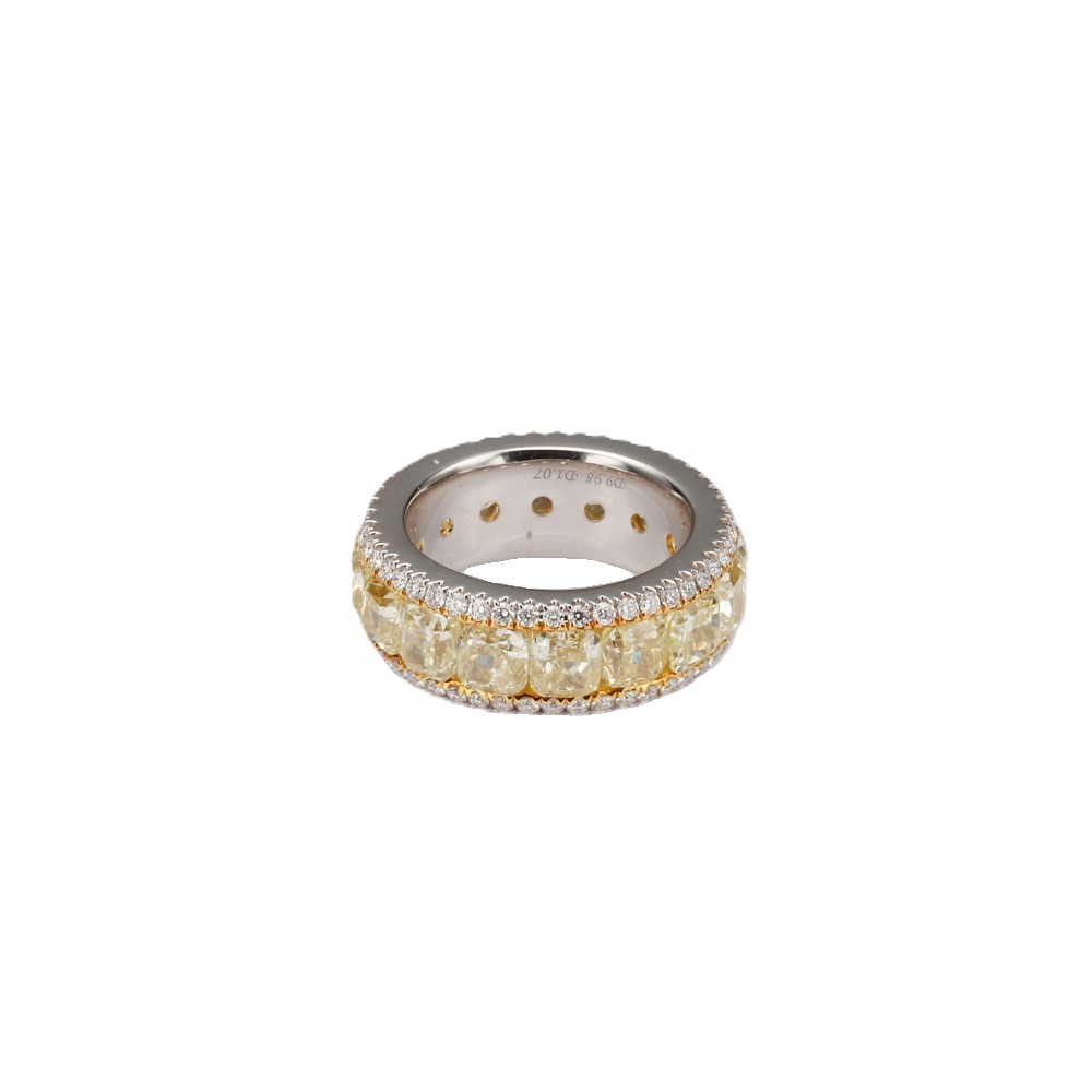 18K White Gold Eternity Ring with 10.25ctw Cushion Cut Fancy Yellow & 1.10ctw Diamonds Size 6.5 Fine Jewelry