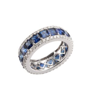 14K White Gold Eternity Ring with 6.00ctw Radiant Cut Blue Sapphires & 1.25ctw Diamonds Size 6.75