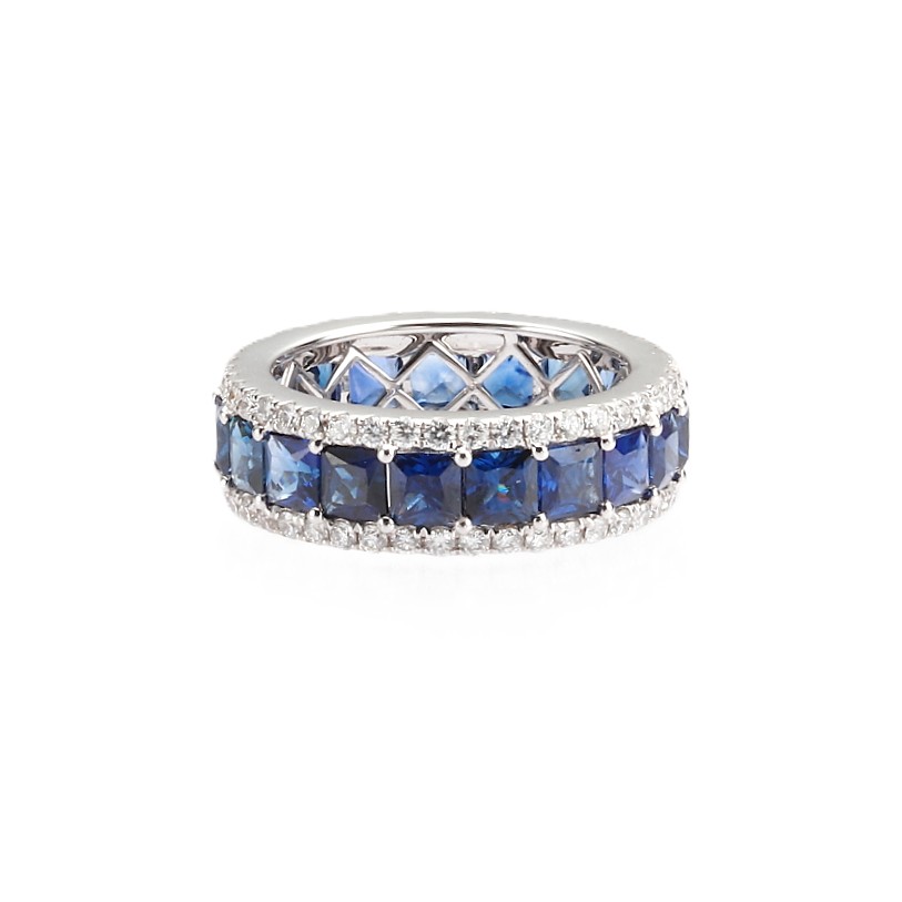 14K White Gold Eternity Ring with 6.00ctw Radiant Cut Blue Sapphires & 1.25ctw Diamonds Size 6.75 Fine Jewelry