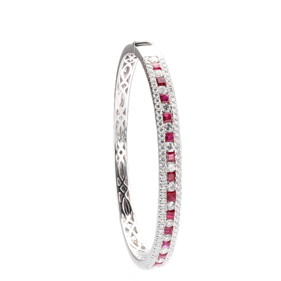 14K White Gold Bangle with 2.00ctw Princess Cut Rubies & 2.80ctw Diamonds Size 6.5 Bracelets 2