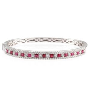 14K White Gold Bangle with 2.00ctw Princess Cut Rubies & 2.80ctw Diamonds Size 6.5