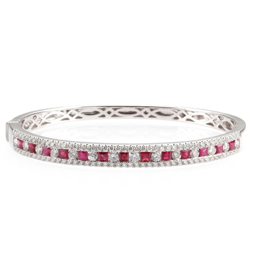 14K White Gold Bangle with 2.00ctw Princess Cut Rubies & 2.80ctw Diamonds Size 6.5 Bracelets