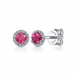 14K White Gold July Birthstone Studs with .77ctw Rubies & .09ctw Diamond Halo