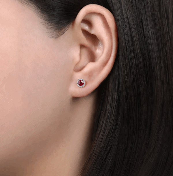 14K White Gold July Birthstone Studs with .77ctw Rubies & .09ctw Diamond Halo Earrings 6