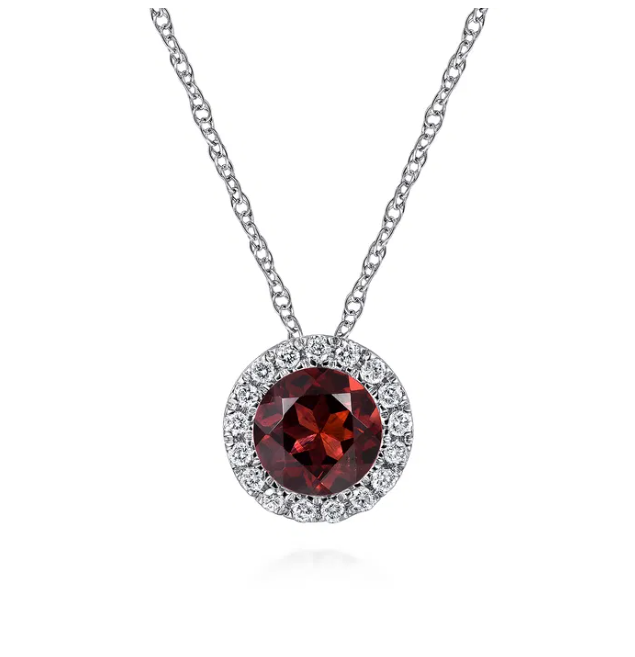 14K White Gold January Birthstone Pendant with .71ct Garnet & .06ctw Diamond Halo 18″ Fine Jewelry