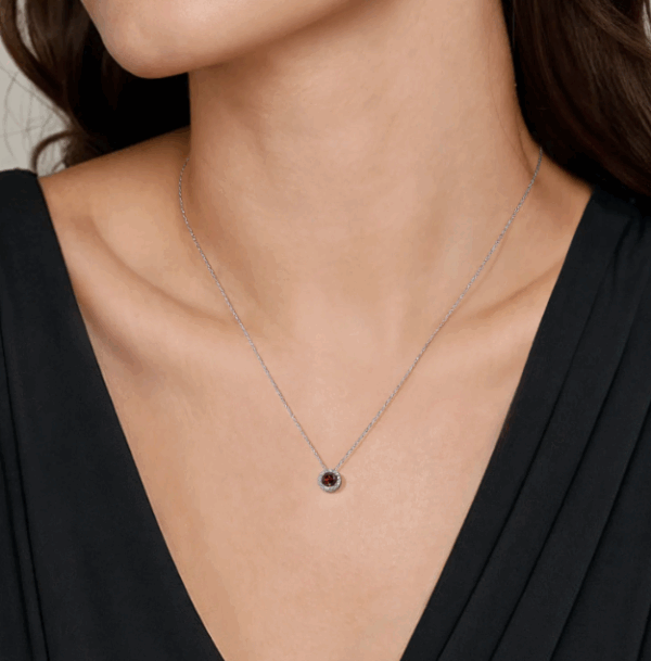 14K White Gold January Birthstone Pendant with .71ct Garnet & .06ctw Diamond Halo 18″ Fine Jewelry 8