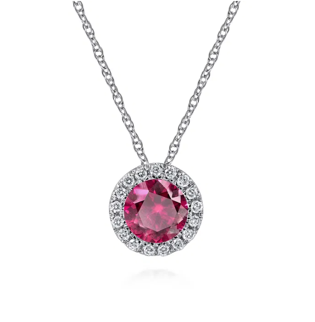 14K White Gold July Birthstone Pendant with .68ct Ruby & .06ctw Diamond Halo 18″ Fine Jewelry