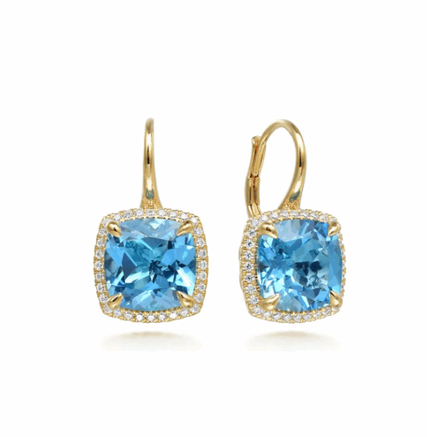 14K Yellow Gold Drop Earrings with 14.52ctw Cushion Cut Blue Topaz & .48ctw Diamond Halo Earrings 5