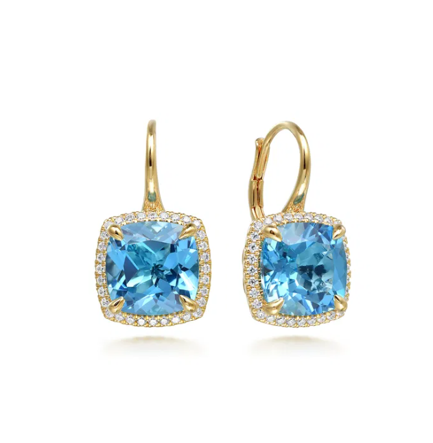 14K Yellow Gold Drop Earrings with 14.52ctw Cushion Cut Blue Topaz & .48ctw Diamond Halo Earrings