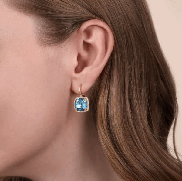 14K Yellow Gold Drop Earrings with 14.52ctw Cushion Cut Blue Topaz & .48ctw Diamond Halo Earrings 6