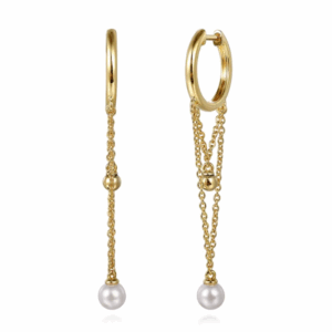 14K Yellow Gold Huggie Drop Earrings with .40ctw Pearls & Bujukan Beads