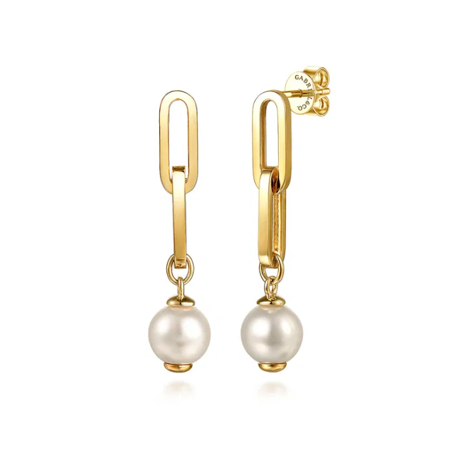 14K Yellow Gold Paperclip Link Drop Earrings with 1.63ctw Pearls Earrings