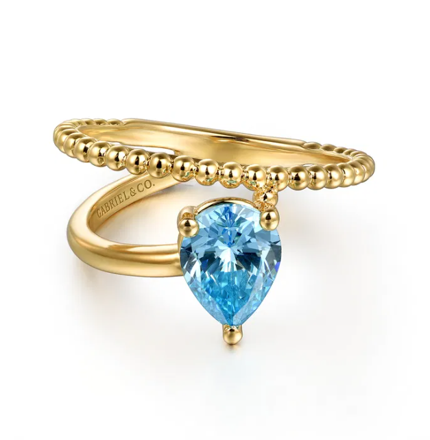 14K Yellow Gold Bujukan Bead Bypass Ring with 1.24ct Pear Blue Topaz Size 6.5 Fine Jewelry