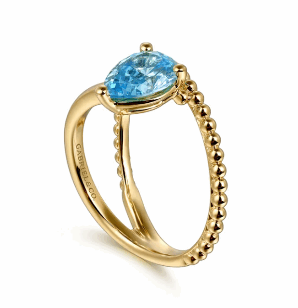 14K Yellow Gold Bujukan Bead Bypass Ring with 1.24ct Pear Blue Topaz Size 6.5 Fine Jewelry 14