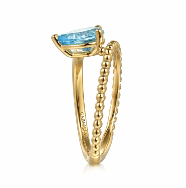 14K Yellow Gold Bujukan Bead Bypass Ring with 1.24ct Pear Blue Topaz Size 6.5 Fine Jewelry 15