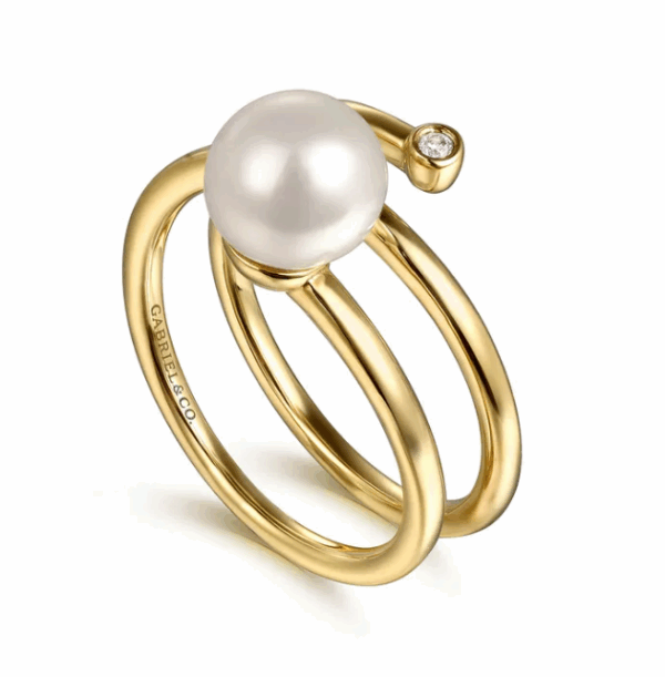 14K Yellow Gold Bypass Ring with .55ct Pearl & .02ct Diamond Size 6.5 Fine Jewelry 14