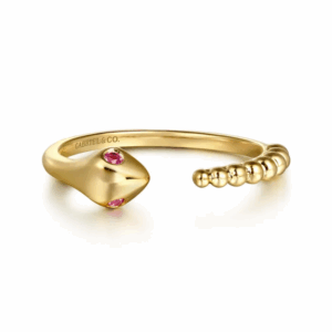 14K Yellow Gold Bujukan Bead Snake Ring with .04ctw Red Rubies Size 6.5