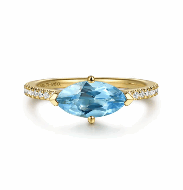 14K Yellow Gold Ring with 1.18ctw Marquise Cut Blue Topaz & .11ctw Diamonds Size 6.5 Fine Jewelry 11