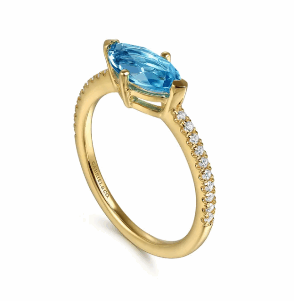 14K Yellow Gold Ring with 1.18ctw Marquise Cut Blue Topaz & .11ctw Diamonds Size 6.5 Fine Jewelry 14