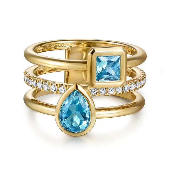 14K Yellow Gold Stacking Ring with 1.12ctw Blue Topaz & .21ctw Diamonds Size 6.5 Fine Jewelry